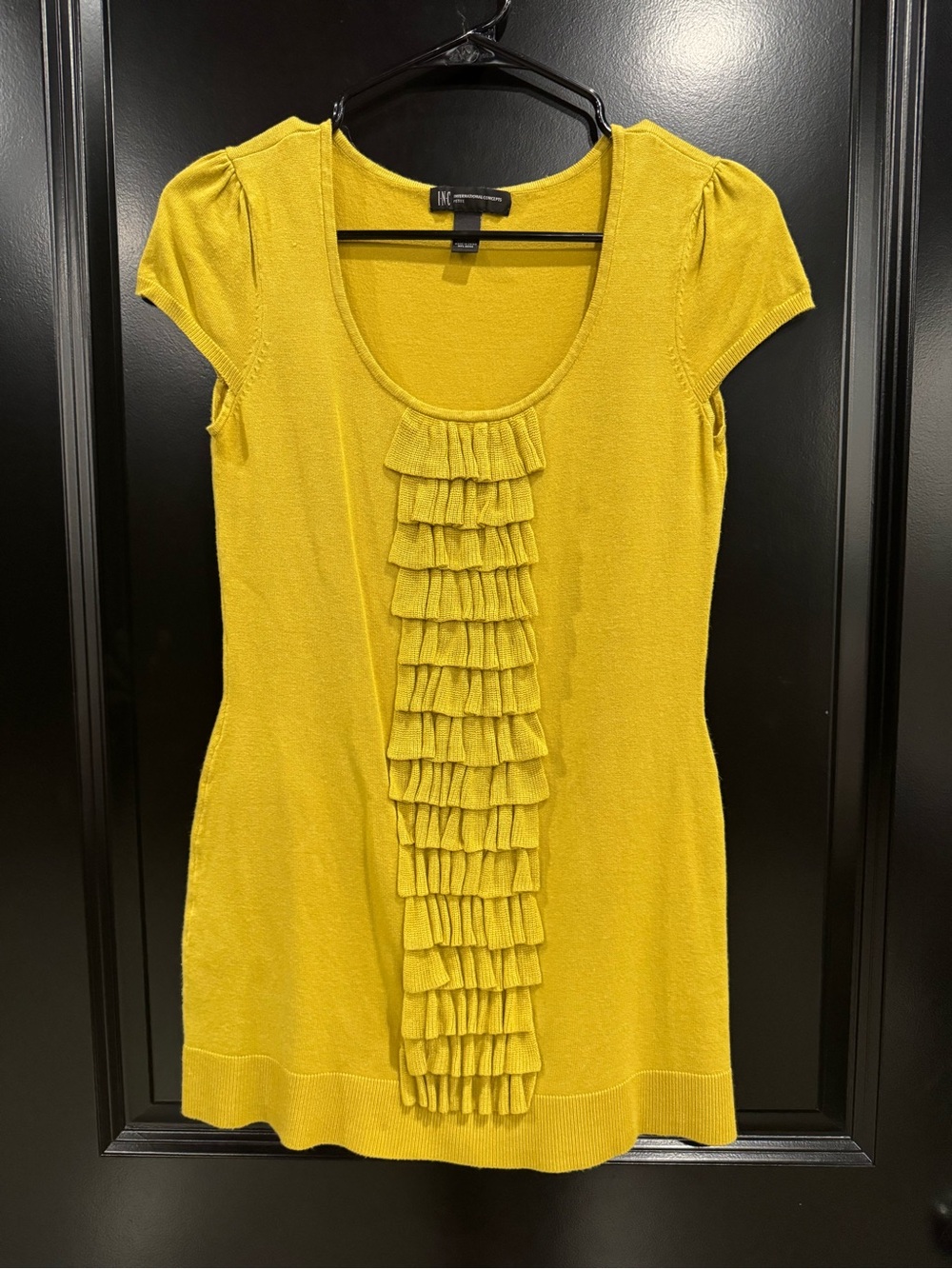 INC International Concepts Mustard Yellow Ruffle-Front Short Sleeve Tunic